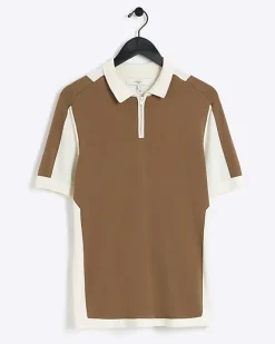 River Island slim fit colour block knitted polo Brown Fashion