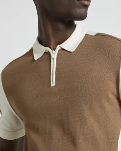 River Island slim fit colour block knitted polo Brown Fashion