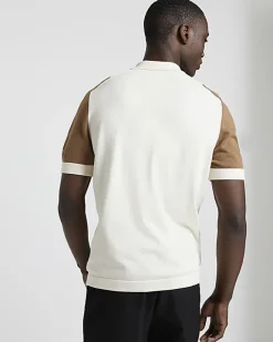 River Island slim fit colour block knitted polo Brown Fashion