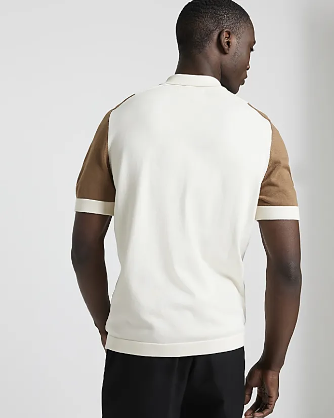 River Island slim fit colour block knitted polo Brown Fashion