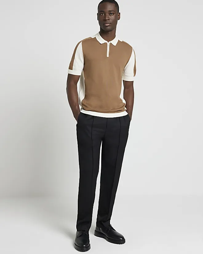 River Island slim fit colour block knitted polo Brown Fashion