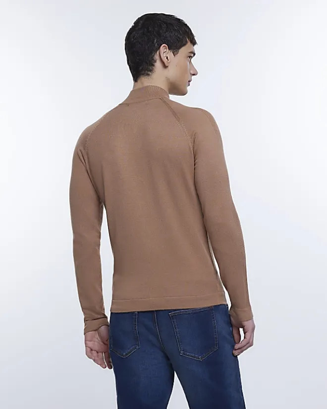 River Island slim fit knitted half zip jumper Brown Best