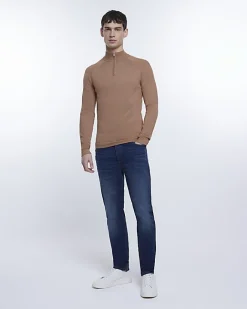 River Island slim fit knitted half zip jumper Brown Best