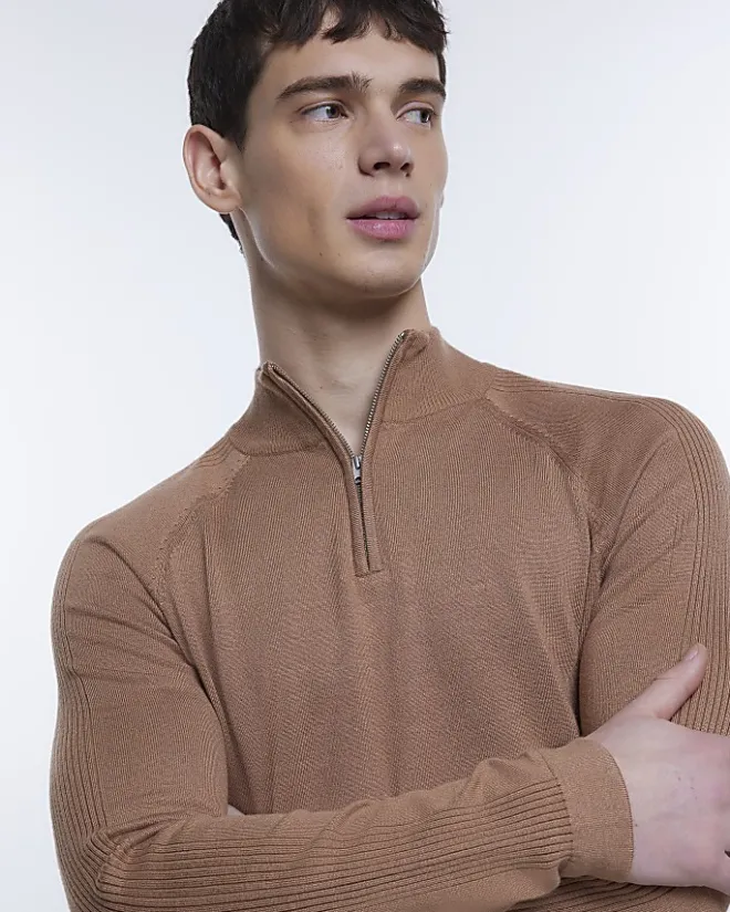 River Island slim fit knitted half zip jumper Brown Best