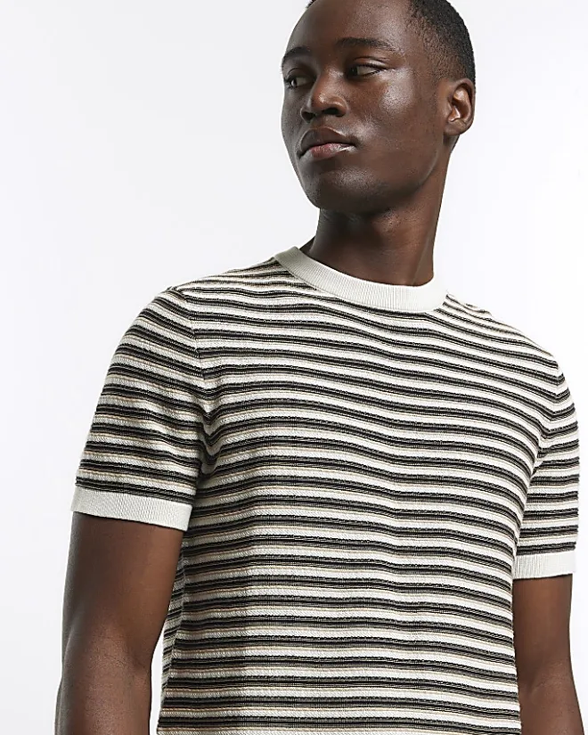 River Island slim fit stripe knitted t-shirt Brown Outlet
