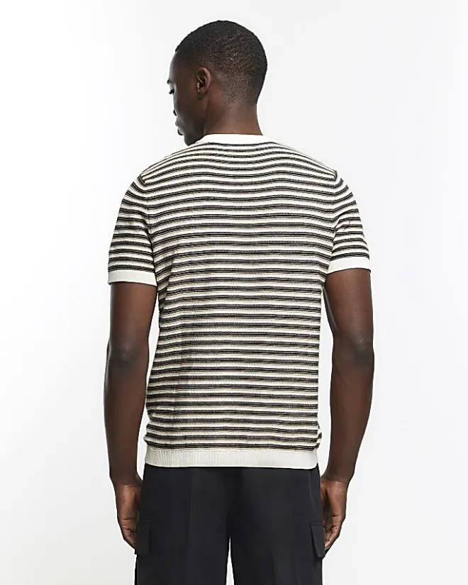 River Island slim fit stripe knitted t-shirt Brown Outlet