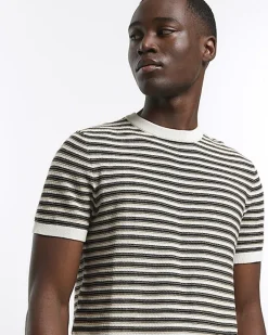 River Island slim fit stripe knitted t-shirt Brown Outlet
