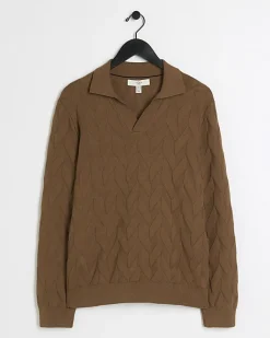 River Island slim fit textured knit long sleeve polo Brown Clearance