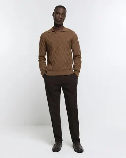 River Island slim fit textured knit long sleeve polo Brown Clearance