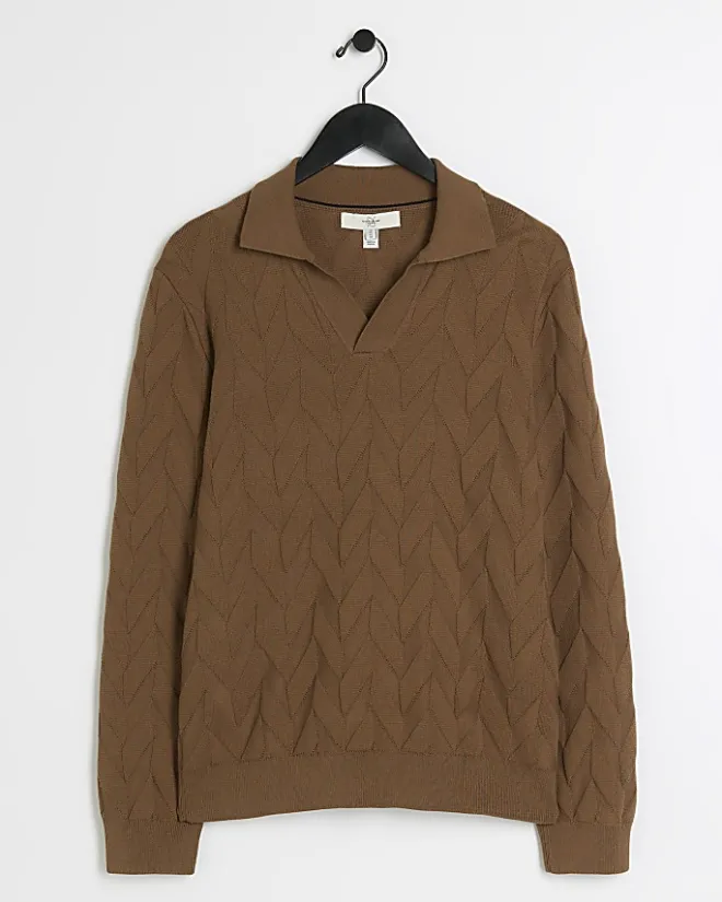 River Island slim fit textured knit long sleeve polo Brown Clearance