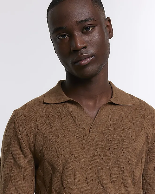 River Island slim fit textured knit long sleeve polo Brown Clearance