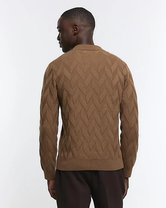 River Island slim fit textured knit long sleeve polo Brown Clearance