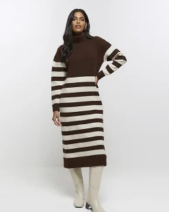 River Island stripe jumper midi dress Brown New
