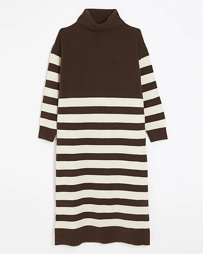 River Island stripe jumper midi dress Brown New