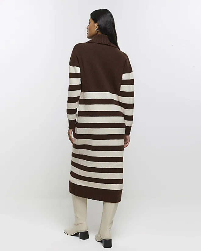 River Island stripe jumper midi dress Brown New