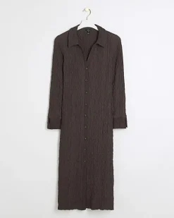 River Island Textured Midi Shirt Dress Brown Outlet