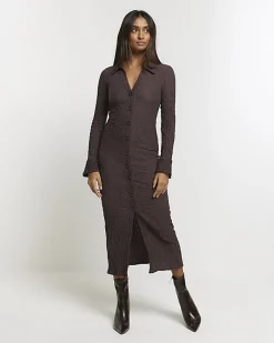 River Island Textured Midi Shirt Dress Brown Outlet