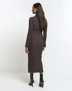 River Island Textured Midi Shirt Dress Brown Outlet