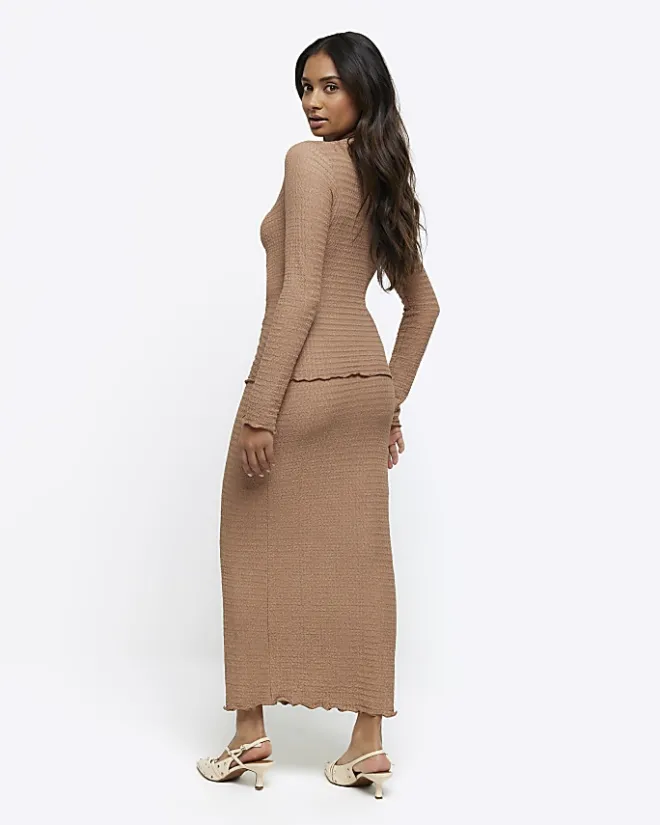 River Island textured midi skirt Brown Sale