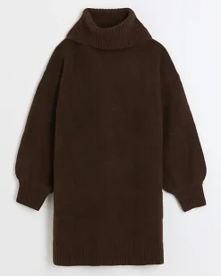 River Island textured roll neck jumper mini dress Brown Online