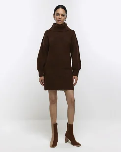 River Island textured roll neck jumper mini dress Brown Online