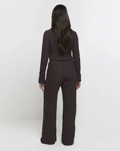 River Island textured wide leg trousers Brown Sale