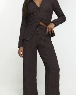River Island textured wide leg trousers Brown Sale
