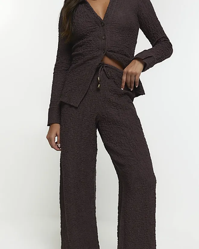 River Island textured wide leg trousers Brown Sale