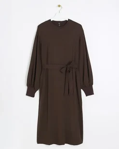 River Island tie waist sweatshirt midi dress Brown Discount