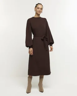 River Island tie waist sweatshirt midi dress Brown Discount