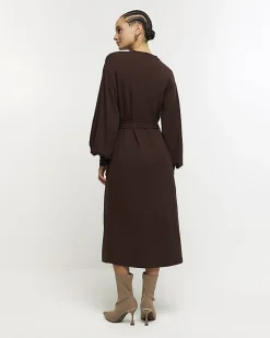 River Island tie waist sweatshirt midi dress Brown Discount