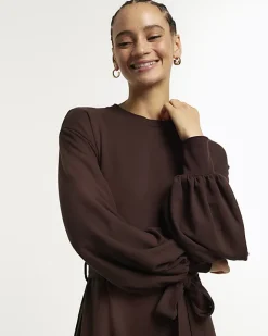 River Island tie waist sweatshirt midi dress Brown Discount