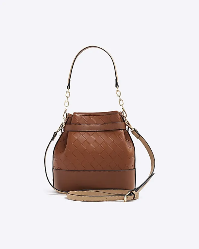 River Island weave bucket cross body bag Brown Discount