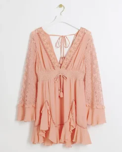 River Island Coral broderie plunge beach mini dress Orange New
