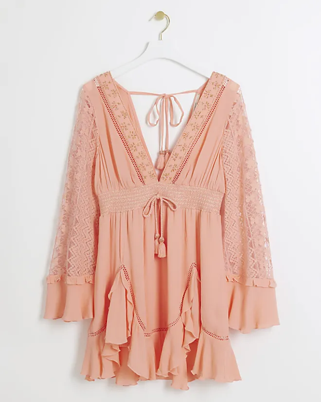 River Island Coral broderie plunge beach mini dress Orange New