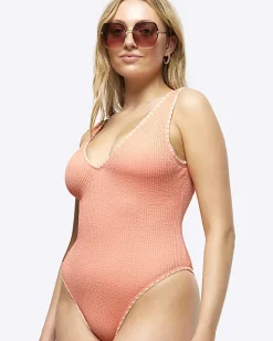 River Island Coral crinkle Whipstitch Swimsuit Orange Clearance