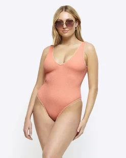River Island Coral crinkle Whipstitch Swimsuit Orange Clearance