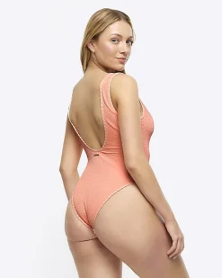 River Island Coral crinkle Whipstitch Swimsuit Orange Clearance