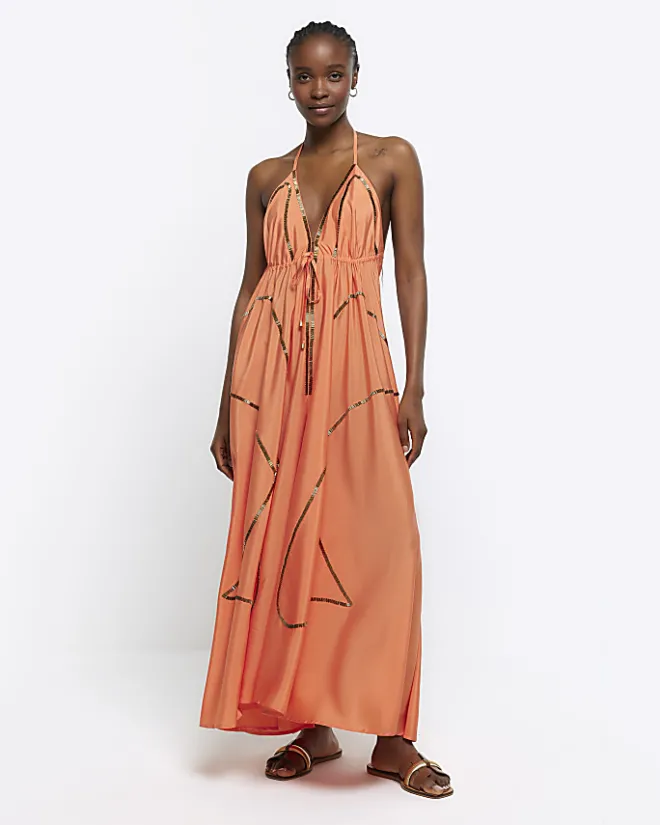 River Island Coral embellished plunge beach maxi dress Orange Clearance