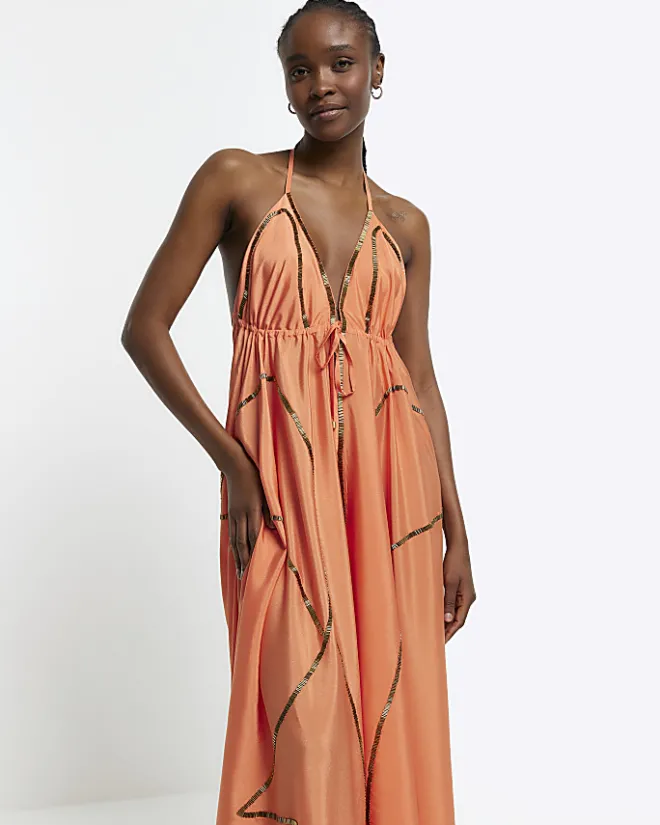 River Island Coral embellished plunge beach maxi dress Orange Clearance