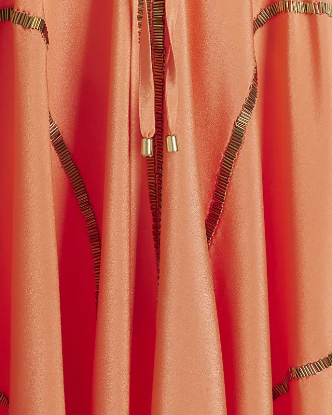 River Island Coral embellished plunge beach maxi dress Orange Clearance