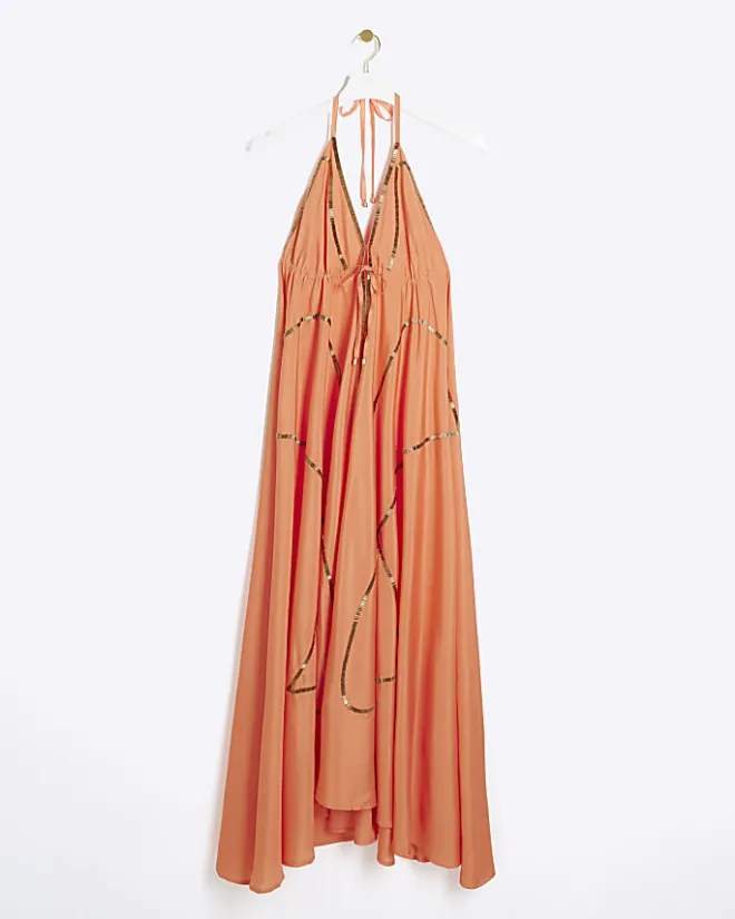 River Island Coral embellished plunge beach maxi dress Orange Clearance