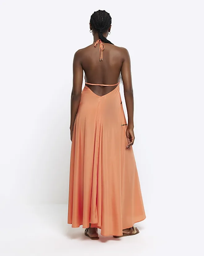 River Island Coral embellished plunge beach maxi dress Orange Clearance