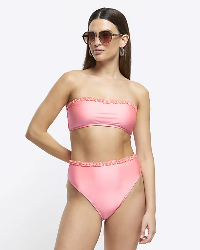River Island Coral frill bandeau bikini top Orange Sale