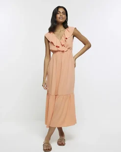 River Island Coral frill swing maxi dress Orange Best