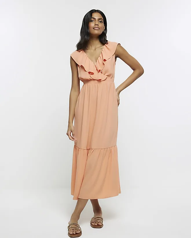 River Island Coral frill swing maxi dress Orange Best