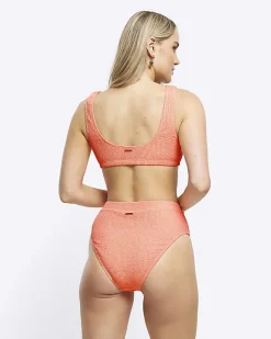 River Island Coral high waisted crinkle bikini bottoms Orange Clearance