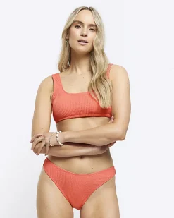 River Island Coral low waist crinkle bikini bottoms Orange Outlet