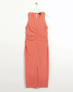 River Island Coral ruched split bodycon midi dress Orange Online
