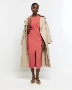 River Island Coral ruched split bodycon midi dress Orange Online
